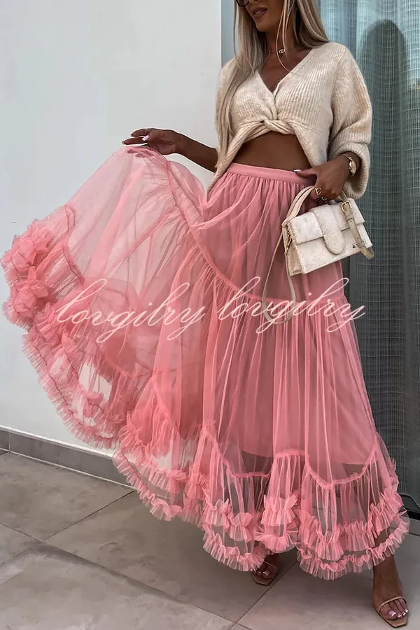 Elegant Tulle Stretch Waist Paneled Pleated Maxi Skirt