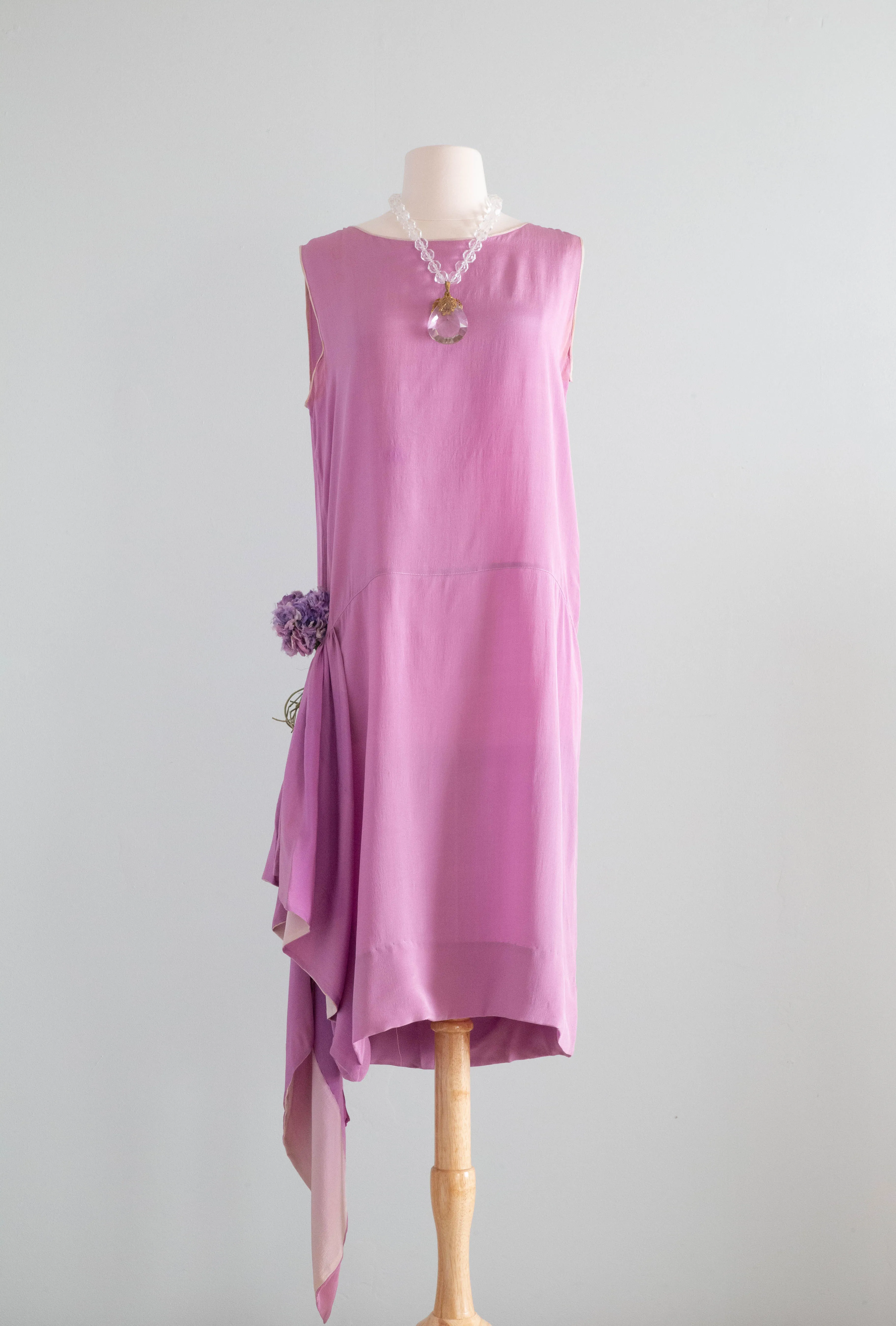 Ethereal 1920's Lavender Silk Flapper Dress With Hip Swag / Medium
