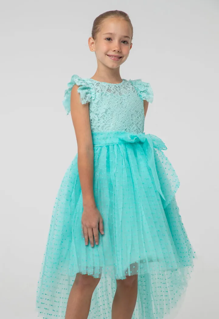Solid High-Low Mesh Frayed Lace Fabric Dress