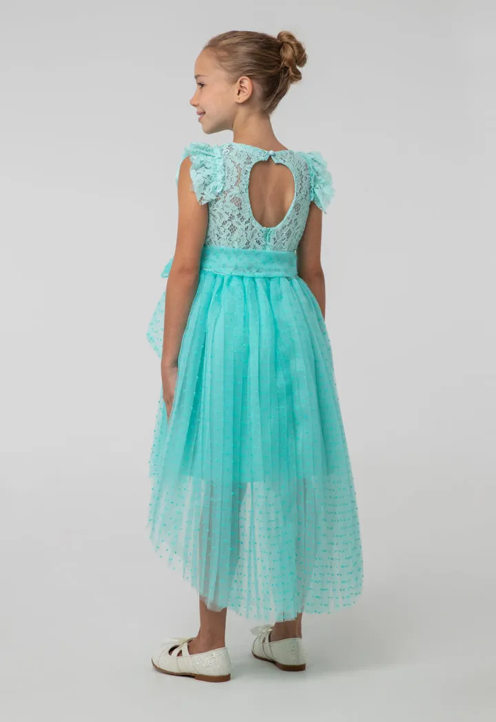 Solid High-Low Mesh Frayed Lace Fabric Dress