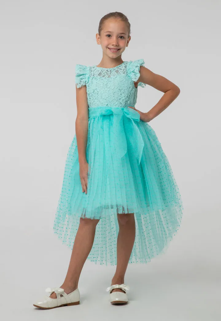 Solid High-Low Mesh Frayed Lace Fabric Dress