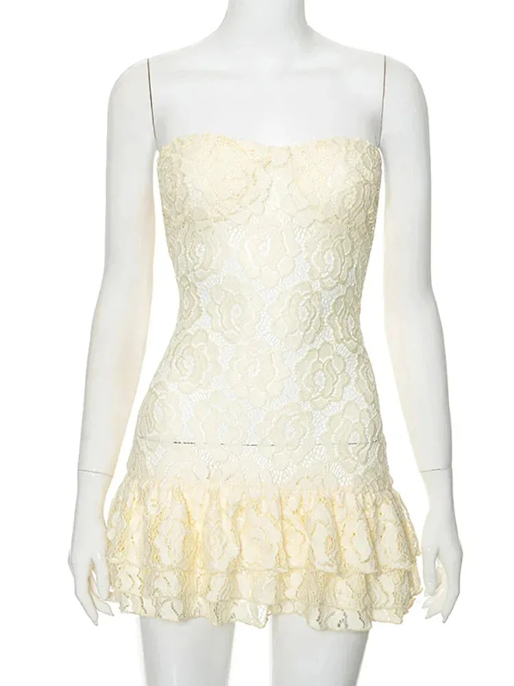 Wenkouban-Black Friday Christmas Party Outfits  Sexy Strapless Print Floral Lace Women Dress Yellow See Through High Waist Dress Female Summer Skinny Elegant Streetwear