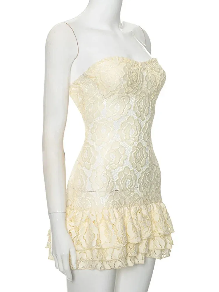 Wenkouban-Black Friday Christmas Party Outfits  Sexy Strapless Print Floral Lace Women Dress Yellow See Through High Waist Dress Female Summer Skinny Elegant Streetwear