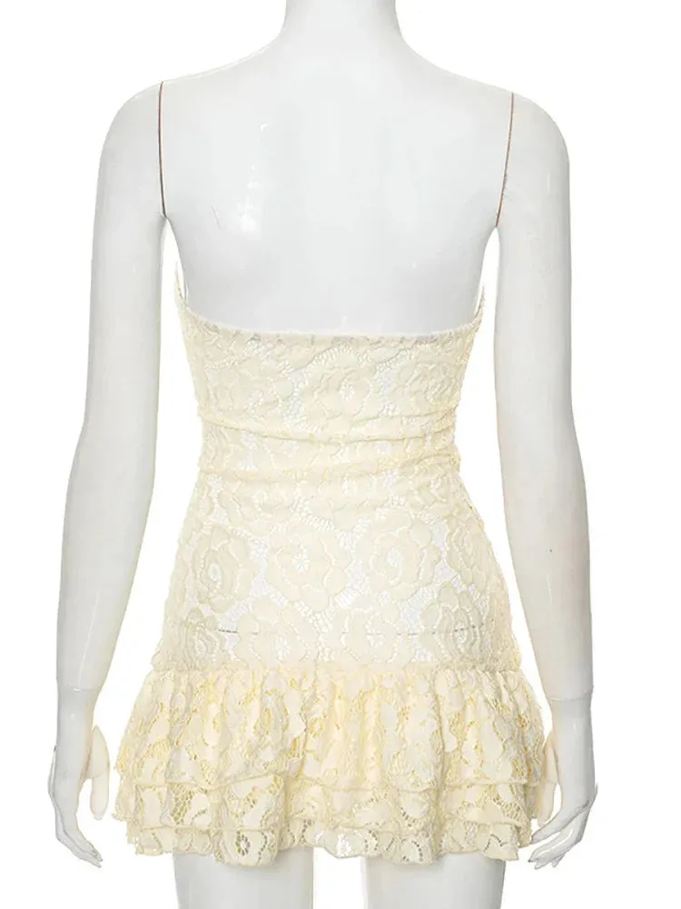 Wenkouban-Black Friday Christmas Party Outfits  Sexy Strapless Print Floral Lace Women Dress Yellow See Through High Waist Dress Female Summer Skinny Elegant Streetwear